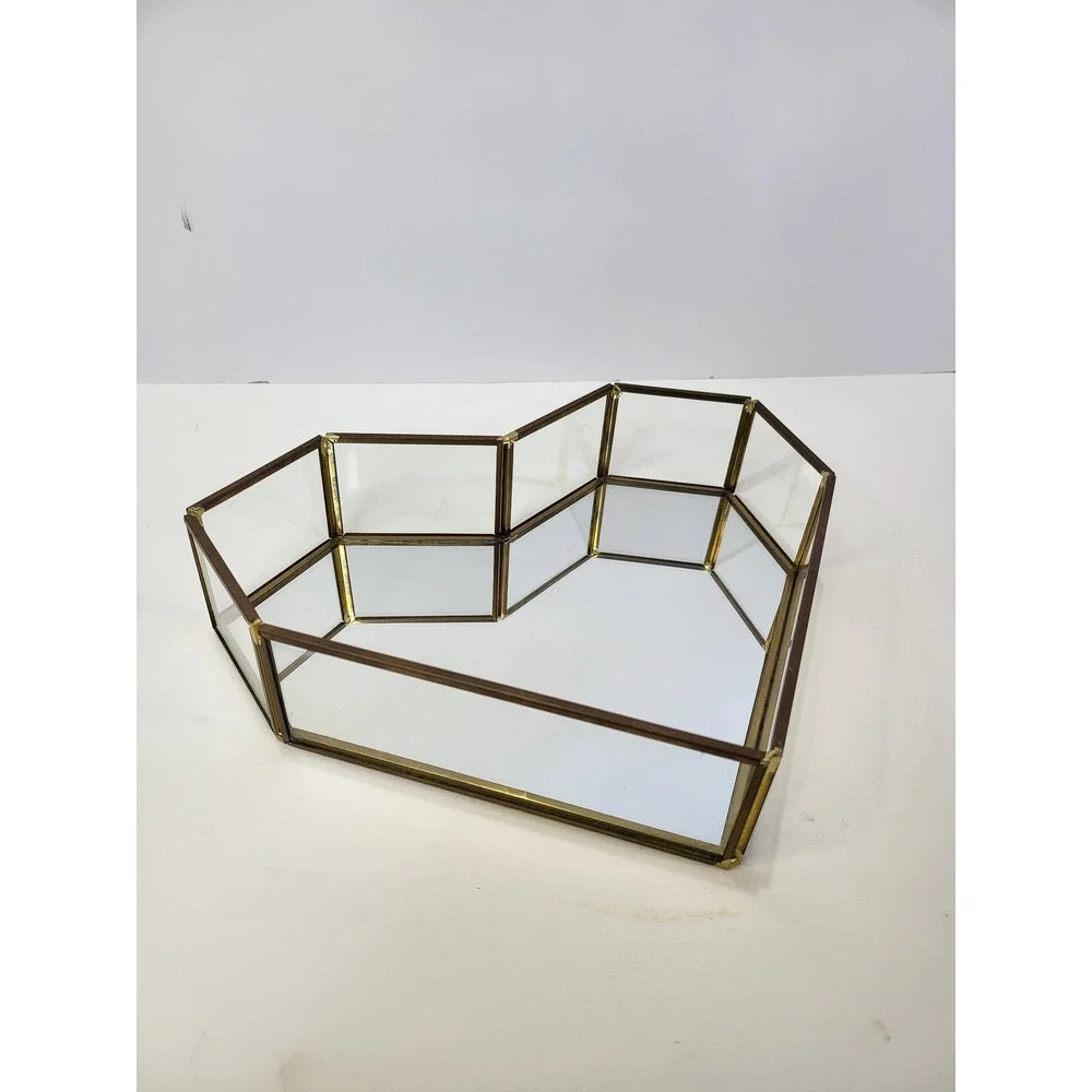 Rachel Roy Heart Shaped Glass Mirror Vanity Tray Gold Tone Metal Jewelry Dish